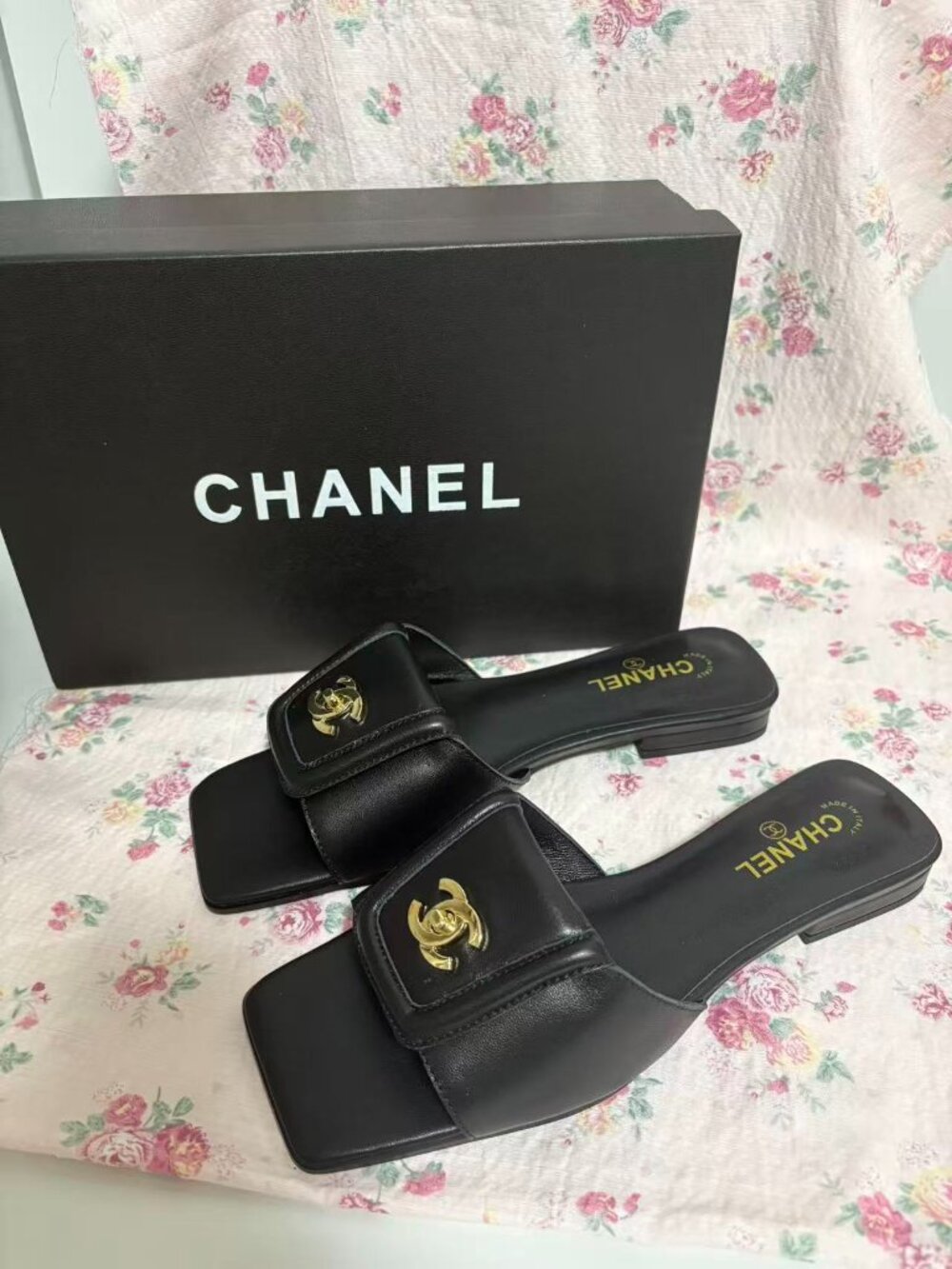 Chanel flat slide sandals.